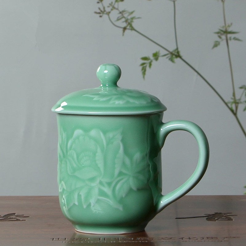 Handmade Celadon Teacups 13oz Coffee Mugs with Lid Porcelain Cups Embossed with Peony Chinese Celadon(01-Green) - Image 2